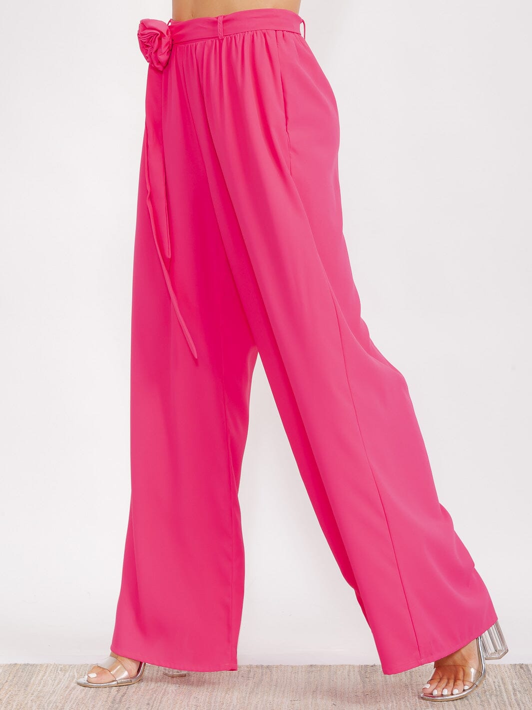 WOMEN'S ELASTIC WAIST FRONT POCKETS FLOWER PALAZZO PANTS