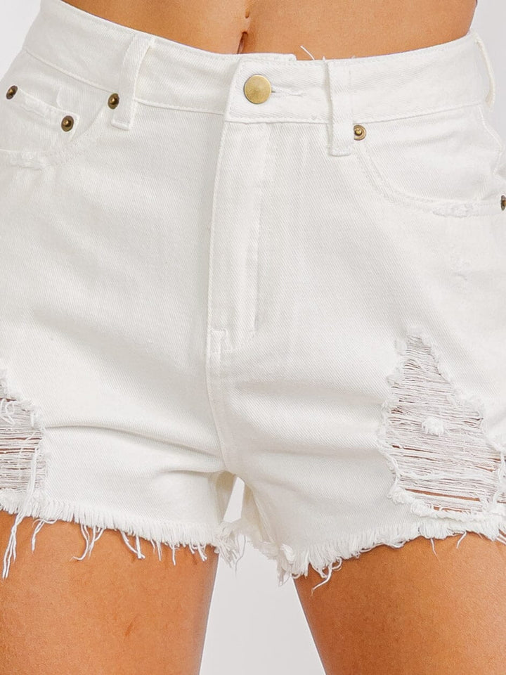 WOMEN'S BUTTON VLOSURE POCKETS DISTRESS DENIM MINI SHORT