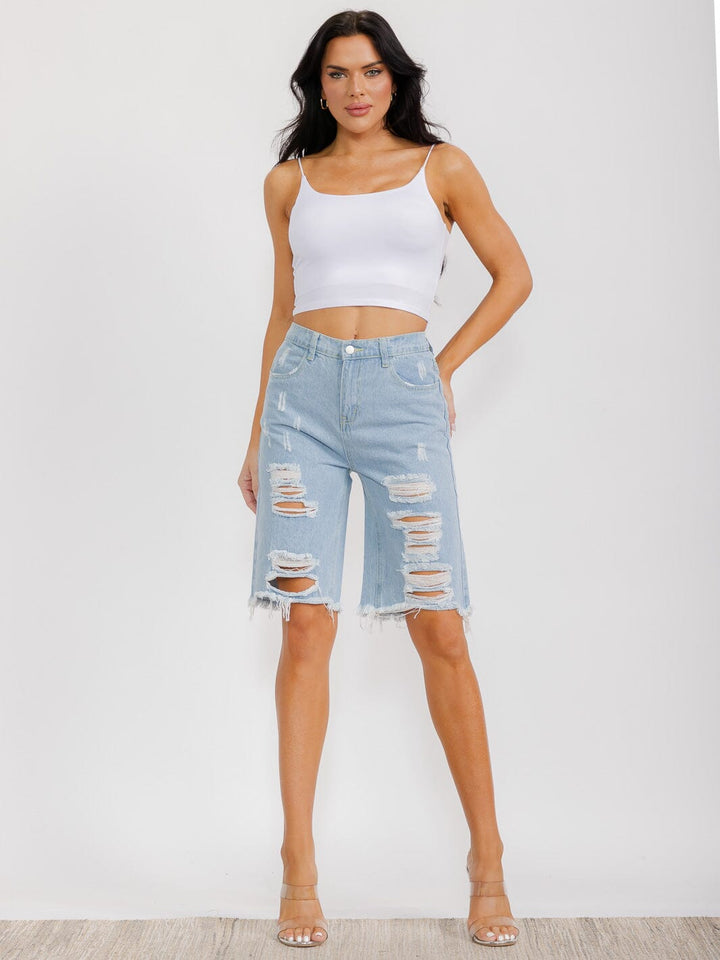 WOMEN'S BUTTON CLOSURE POCKETS DISTRESS DENIM SHORTS