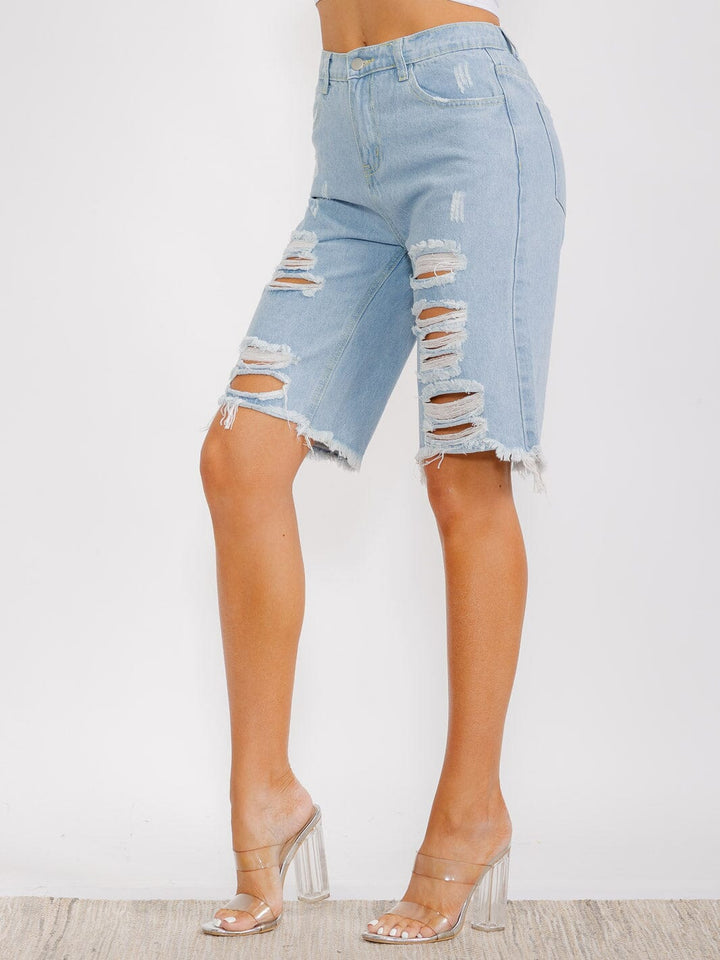 WOMEN'S BUTTON CLOSURE POCKETS DISTRESS DENIM SHORTS