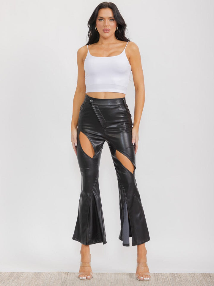 WOMEN'S BUTTON CLOSURE FRONT POCKETS CUT OUT PU PLEATHER PANTS