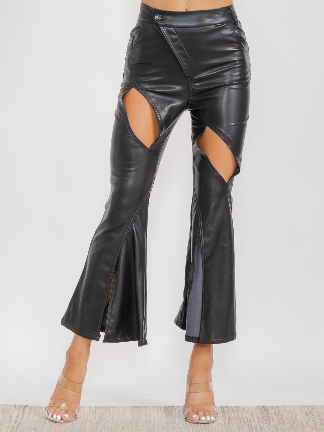 WOMEN'S BUTTON CLOSURE FRONT POCKETS CUT OUT PU PLEATHER PANTS