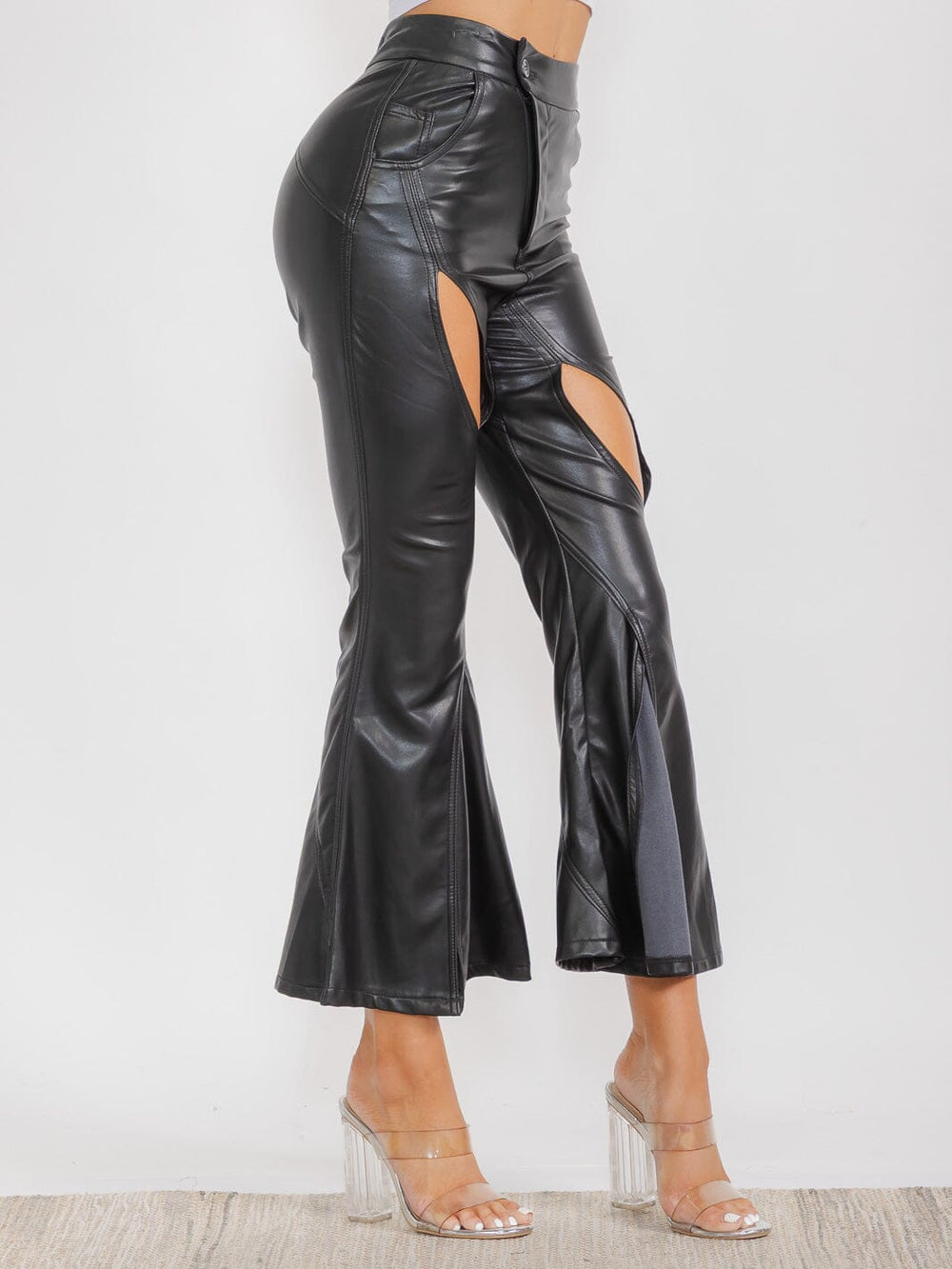 WOMEN'S BUTTON CLOSURE FRONT POCKETS CUT OUT PU PLEATHER PANTS