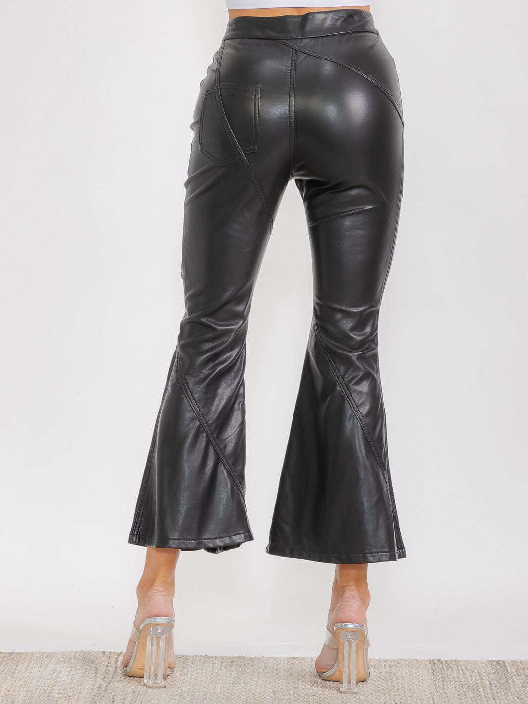 WOMEN'S BUTTON CLOSURE FRONT POCKETS CUT OUT PU PLEATHER PANTS