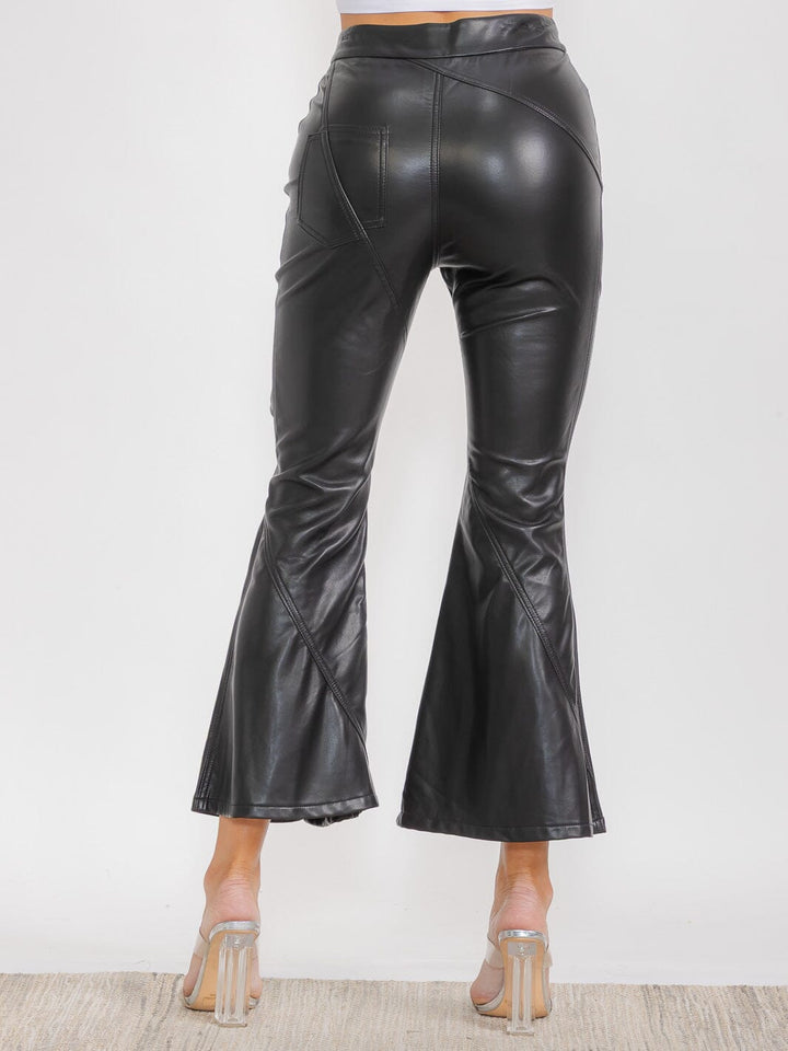 WOMEN'S BUTTON CLOSURE FRONT POCKETS CUT OUT PU PLEATHER PANTS