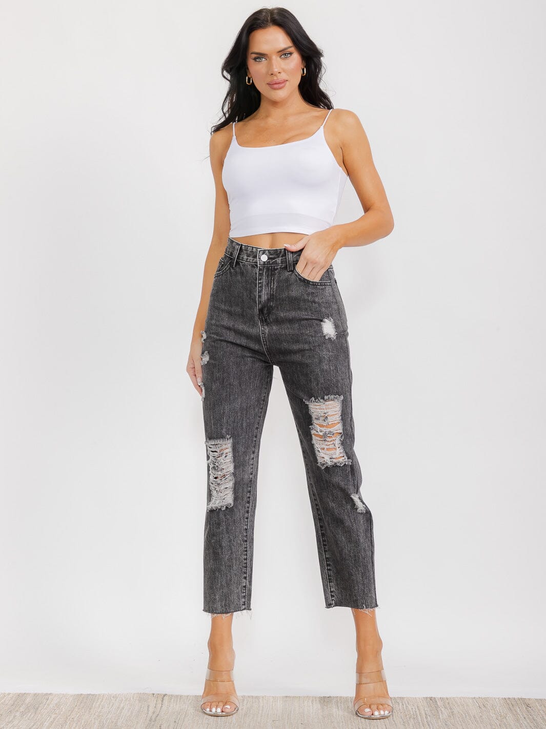 WOMEN'S BUTTON CLOSURE FRONT POCKETS DISTRESS DENIM PANTS