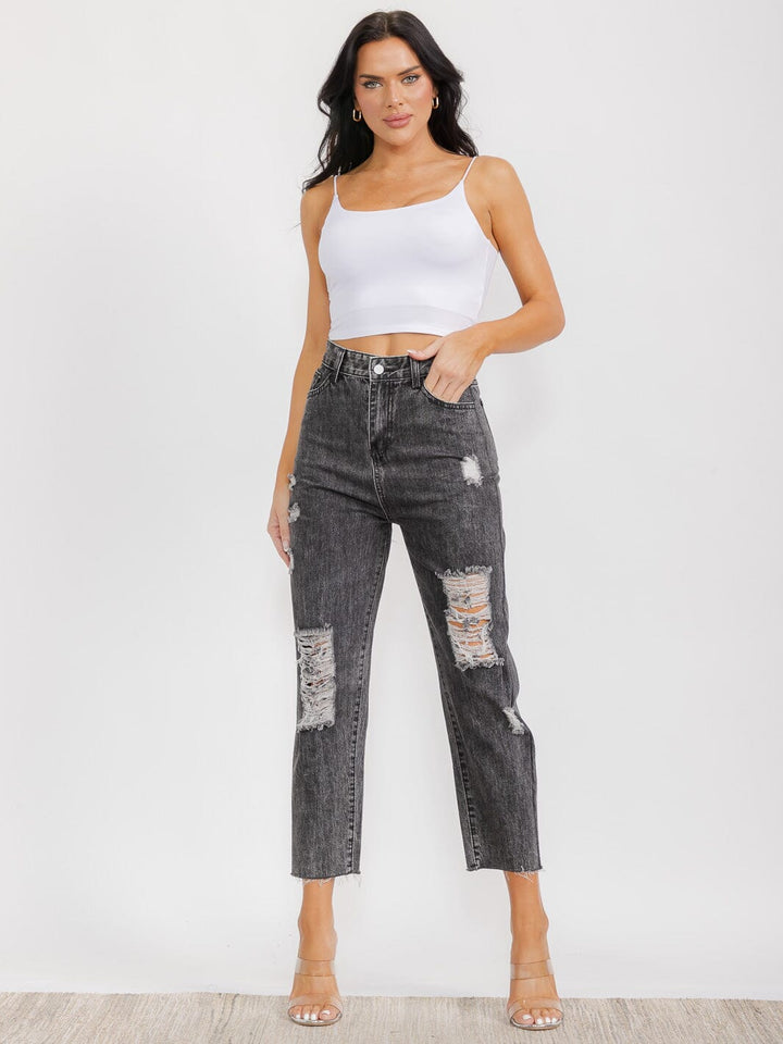 WOMEN'S BUTTON CLOSURE FRONT POCKETS DISTRESS DENIM PANTS