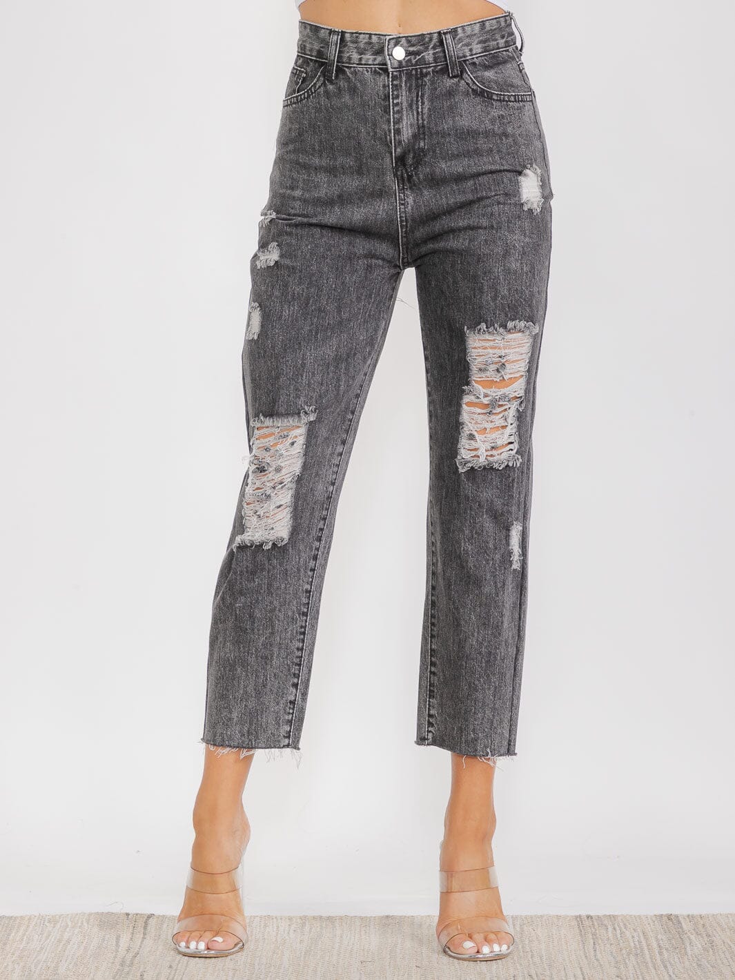 WOMEN'S BUTTON CLOSURE FRONT POCKETS DISTRESS DENIM PANTS