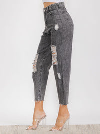 WOMEN'S BUTTON CLOSURE FRONT POCKETS DISTRESS DENIM PANTS