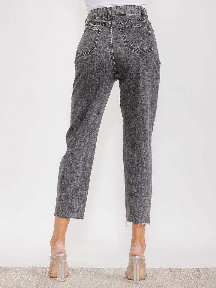 WOMEN'S BUTTON CLOSURE FRONT POCKETS DISTRESS DENIM PANTS