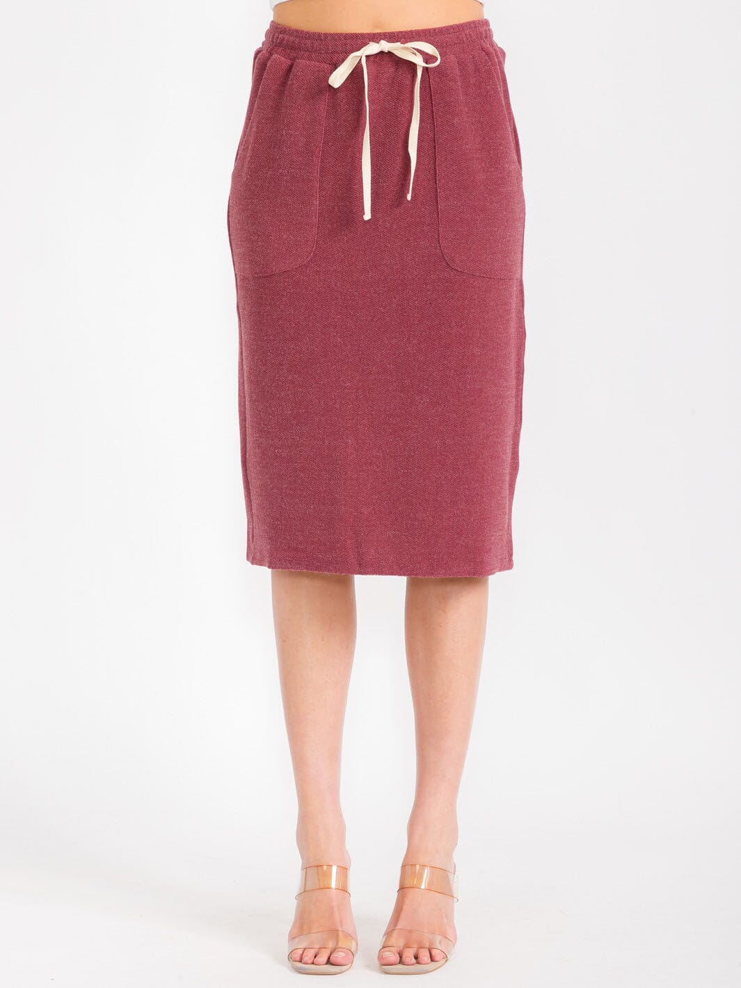 WOMEN'S ELASTIC WAIST SELF TIE FRONT POCKETS MIDI SKIRT