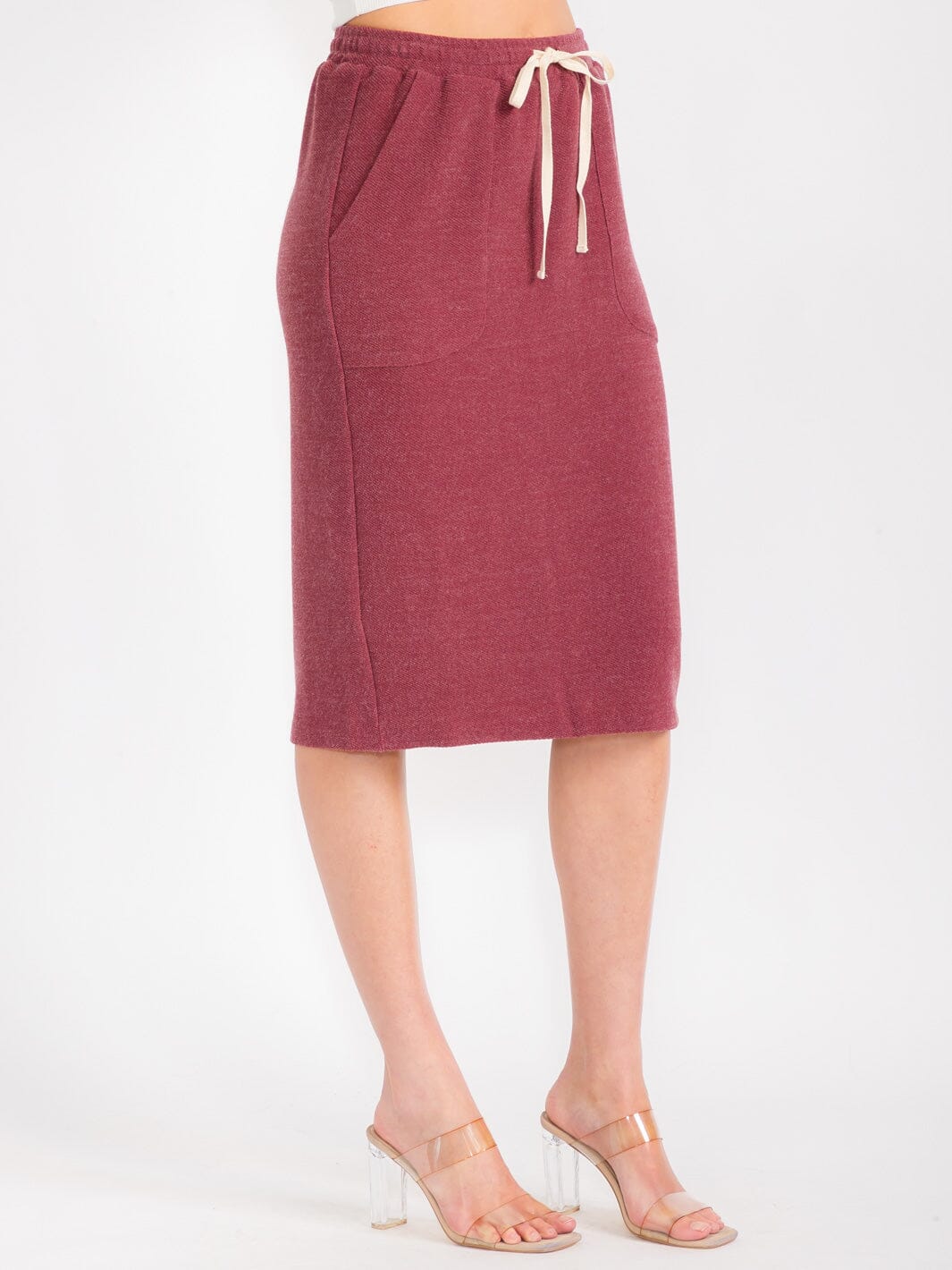 WOMEN'S ELASTIC WAIST SELF TIE FRONT POCKETS MIDI SKIRT