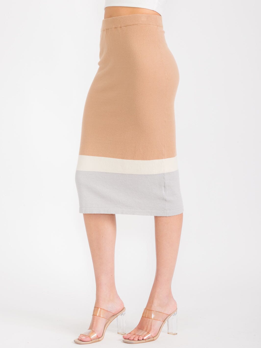 WOMEN'S ELASTIC WAIST COLORBLOCK PENCIL MIDI SKIRT