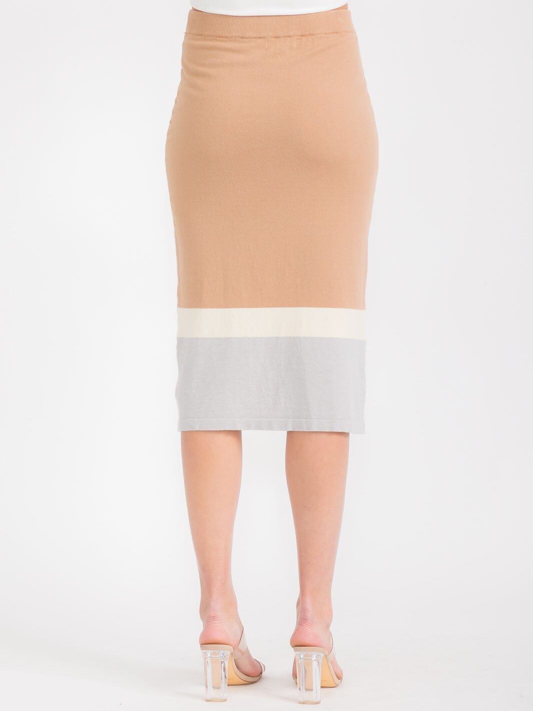 WOMEN'S ELASTIC WAIST COLORBLOCK PENCIL MIDI SKIRT