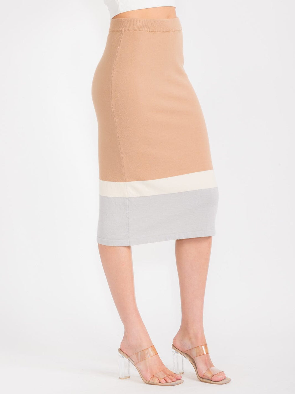 WOMEN'S ELASTIC WAIST COLORBLOCK PENCIL MIDI SKIRT