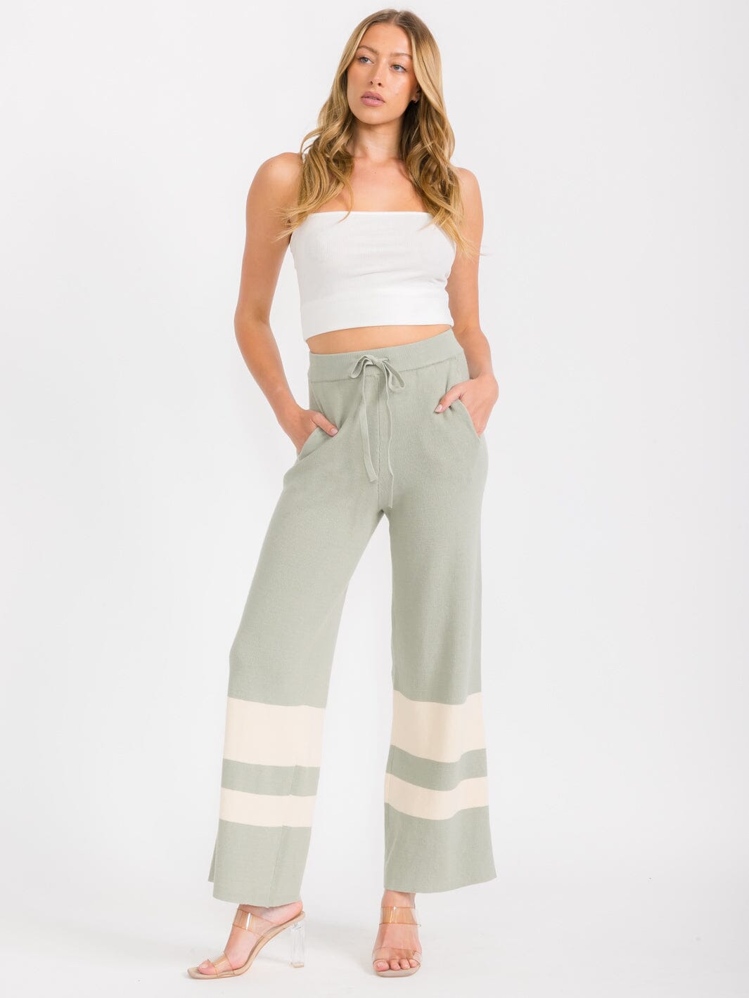 WOMEN'S ELASTIC WAIST FRONT POCKETS COLORBLOCK WIDE LEG PANTS
