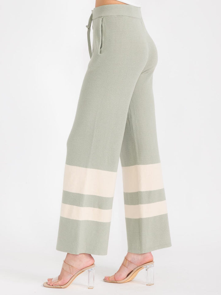 WOMEN'S ELASTIC WAIST FRONT POCKETS COLORBLOCK WIDE LEG PANTS