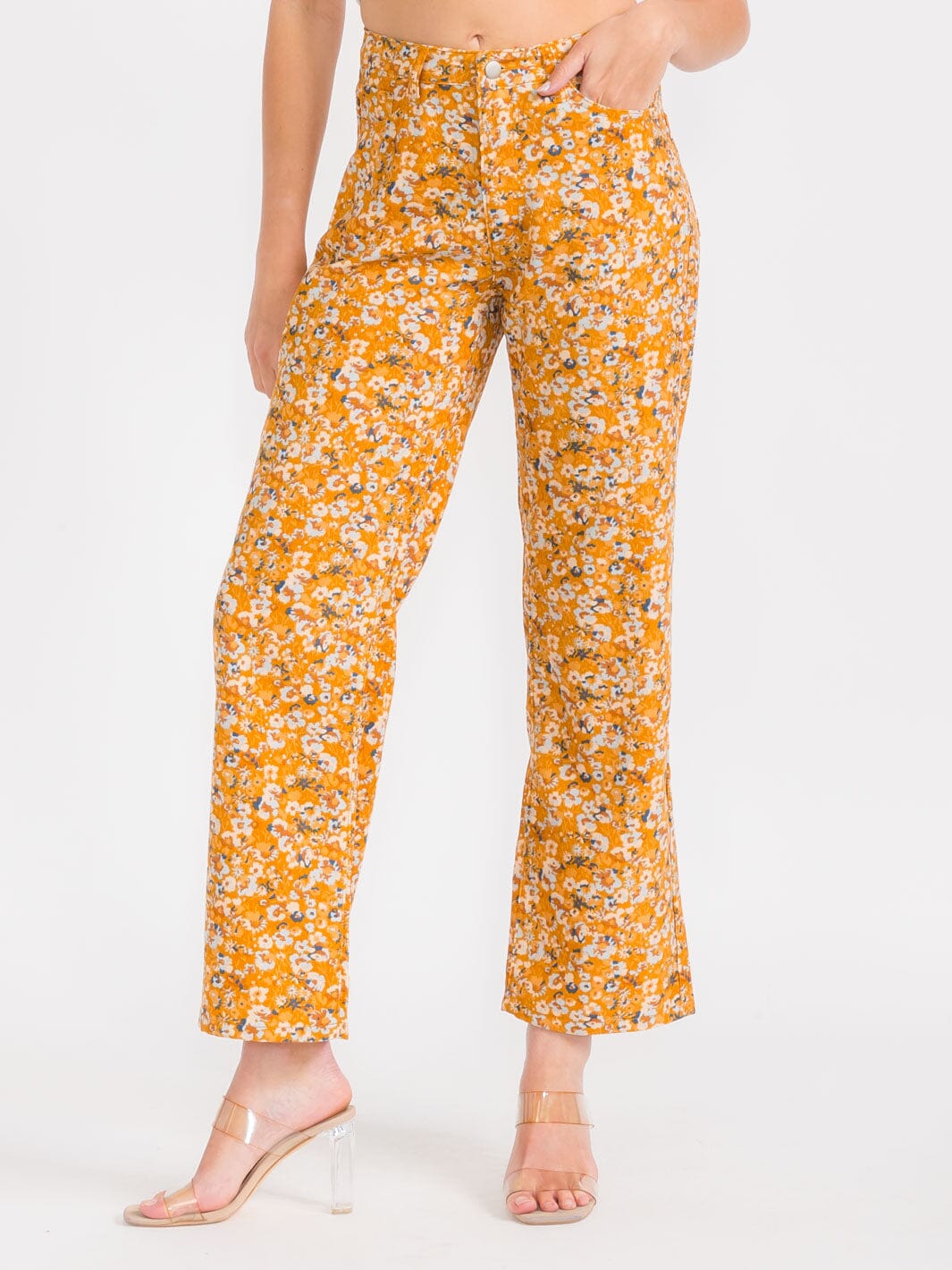 WOMEN'S BUTTON CLOSURE POCKETS FLORAL CORDUROY WIDE LEG PANTS