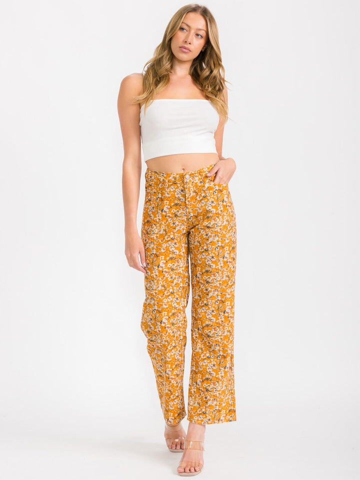 WOMEN'S BUTTON CLOSURE POCKETS FLORAL CORDUROY WIDE LEG PANTS