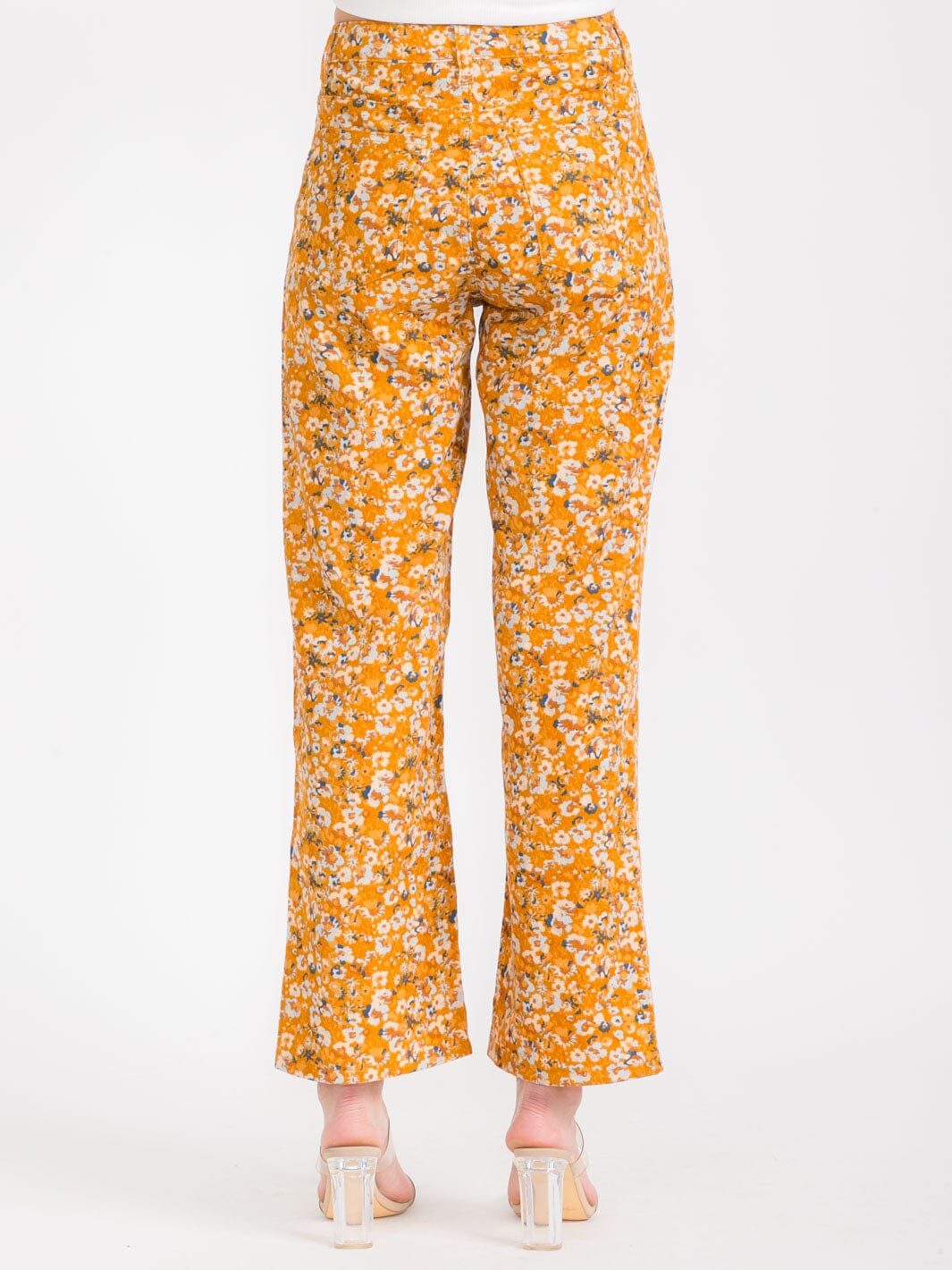 WOMEN'S BUTTON CLOSURE POCKETS FLORAL CORDUROY WIDE LEG PANTS