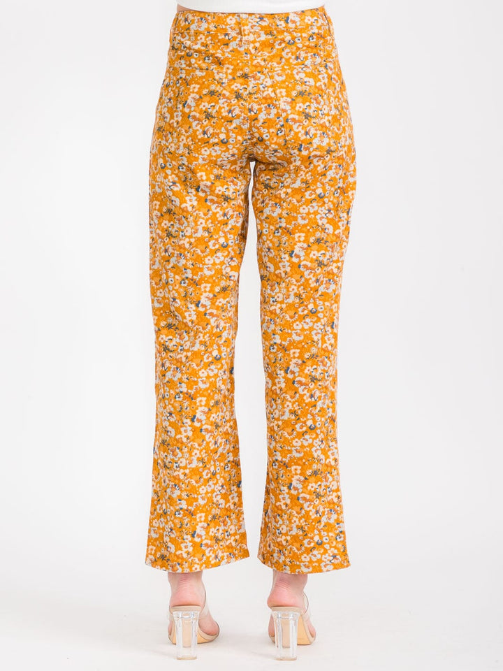 WOMEN'S BUTTON CLOSURE POCKETS FLORAL CORDUROY WIDE LEG PANTS