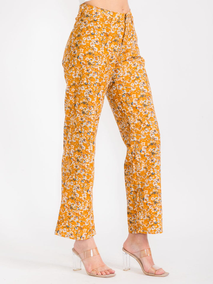 WOMEN'S BUTTON CLOSURE POCKETS FLORAL CORDUROY WIDE LEG PANTS