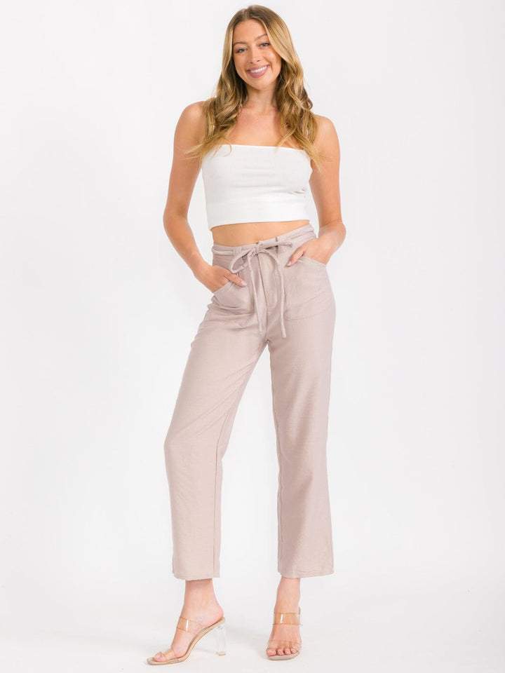 WOMEN'S BUTTON CLOSURE SELF TIE POCKETS WIDE LEG PANTS
