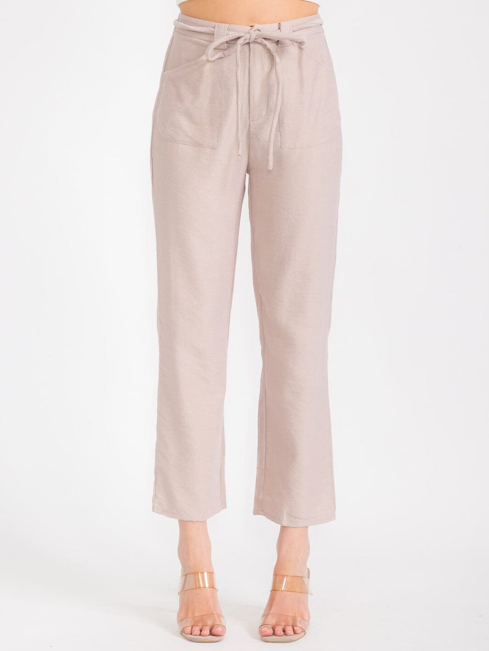WOMEN'S BUTTON CLOSURE SELF TIE POCKETS WIDE LEG PANTS