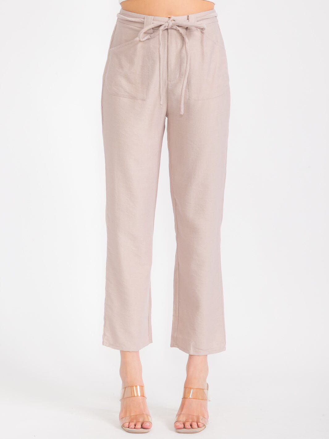 WOMEN'S BUTTON CLOSURE SELF TIE POCKETS WIDE LEG PANTS
