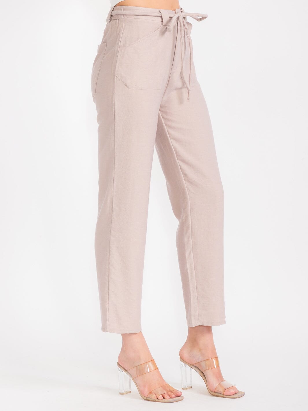 WOMEN'S BUTTON CLOSURE SELF TIE POCKETS WIDE LEG PANTS