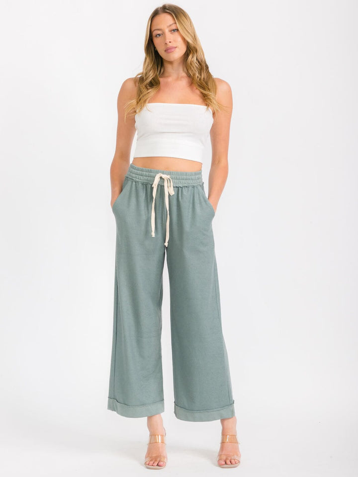 WOMEN'S ELASTIC WAIST FRONT POCKETS WIDE LEG PANTS