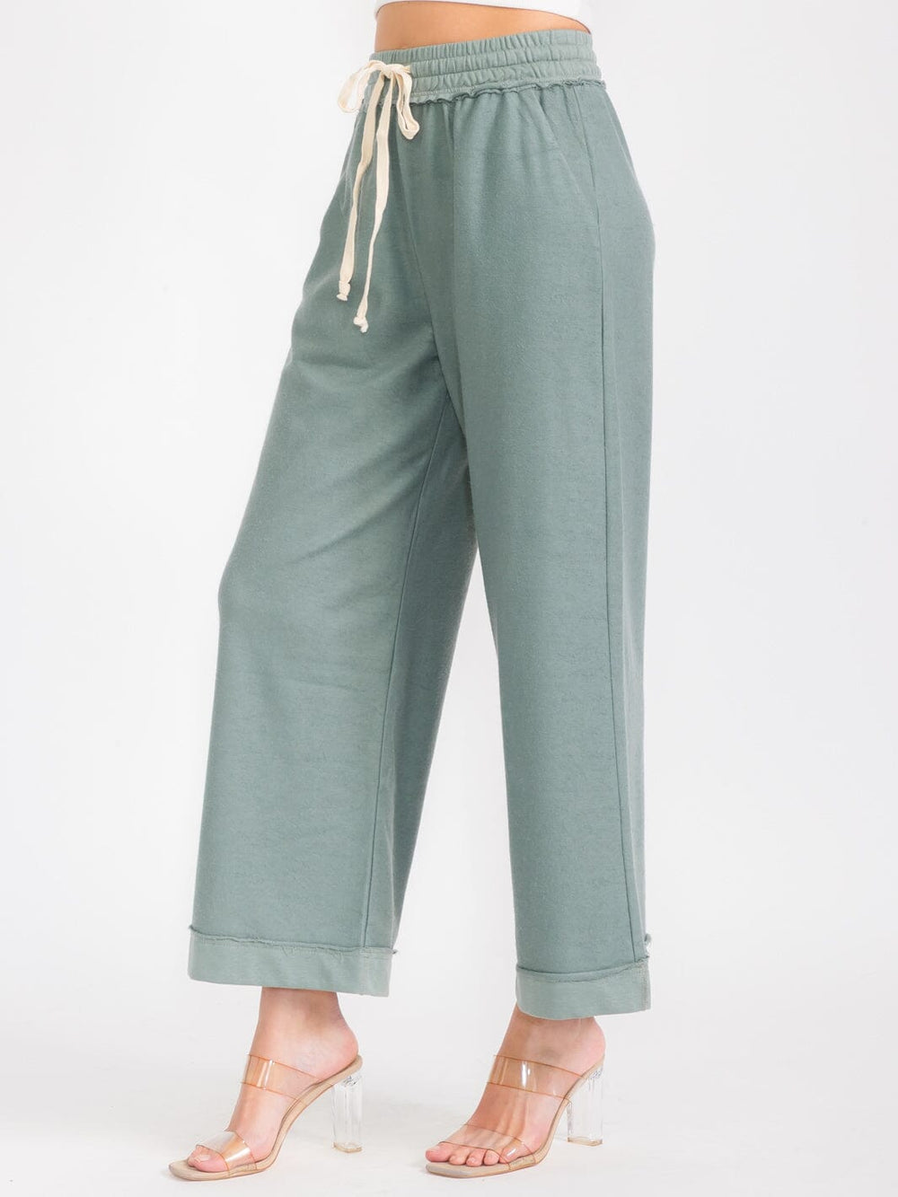 WOMEN'S ELASTIC WAIST FRONT POCKETS WIDE LEG PANTS