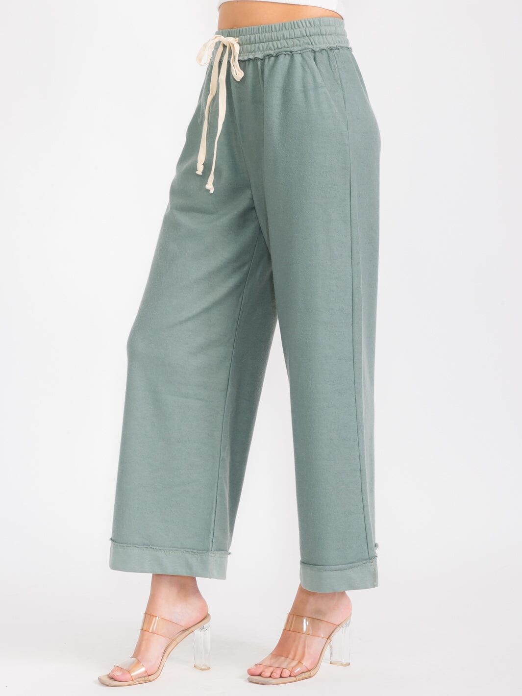 WOMEN'S ELASTIC WAIST FRONT POCKETS WIDE LEG PANTS