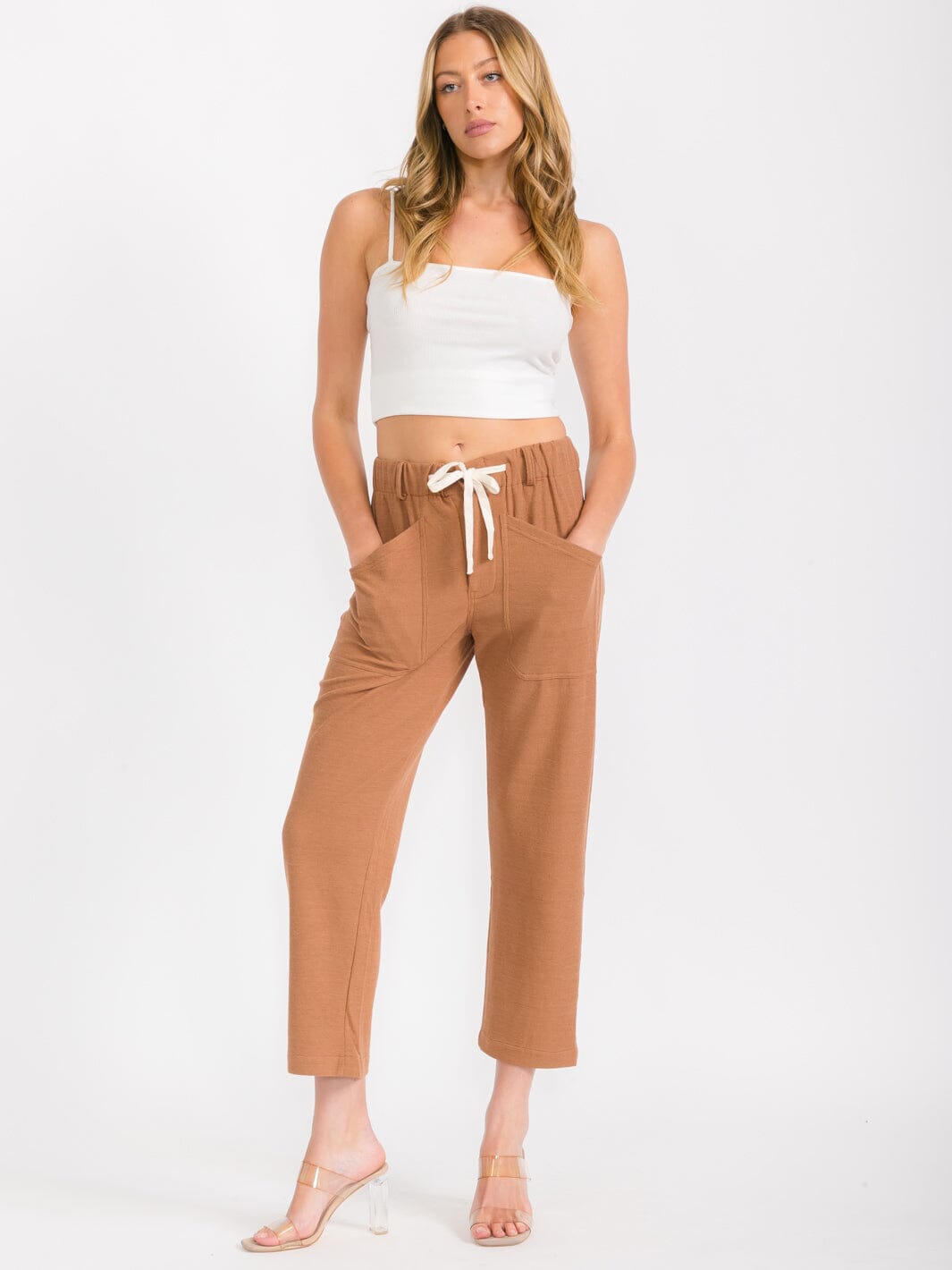 WOMEN'S ELASTIC WAIST POCKETS WIDE LEG PANTS