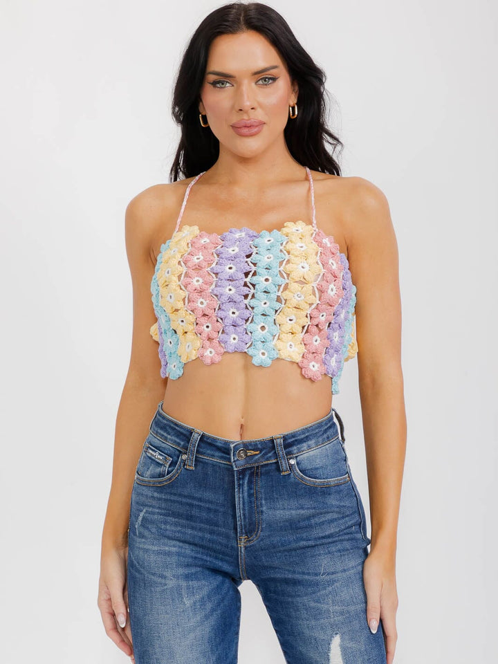 WOMEN'S SLEEVELESS OPEN BACK MULTI COLOR KNITTED FLOWERS CROP TOP
