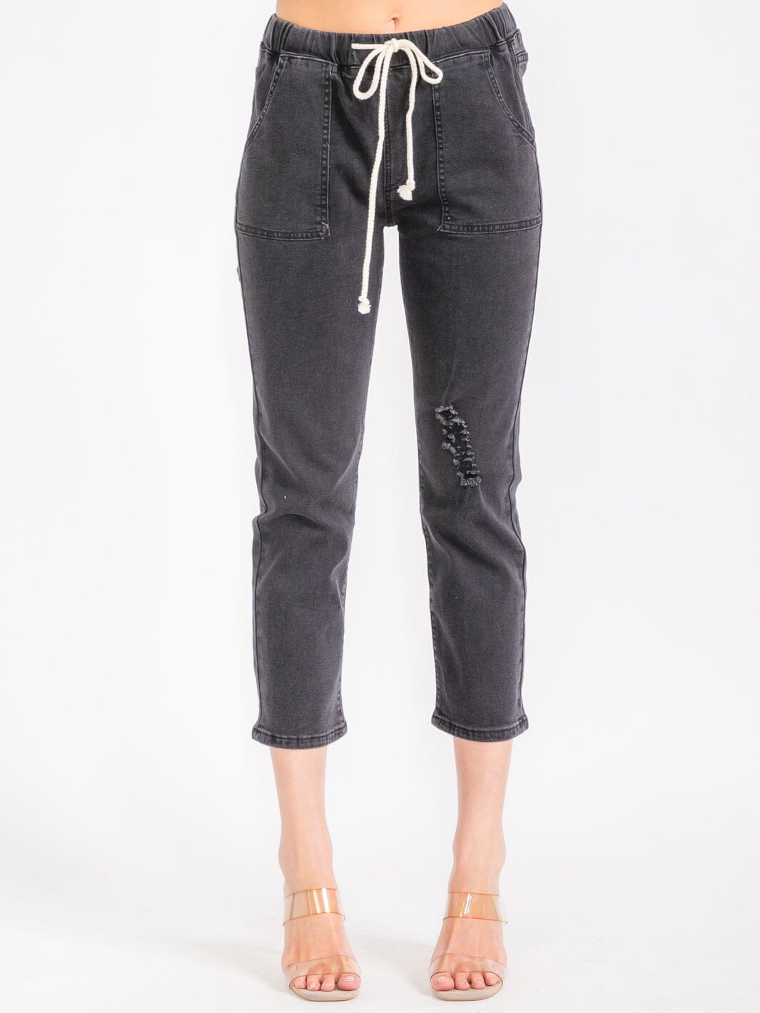 WOMEN'S ELASTIC WAIST POCKETS DISTRESS CAPRI PANTS