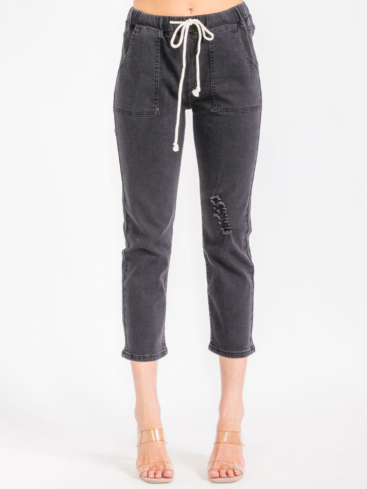 WOMEN'S ELASTIC WAIST POCKETS DISTRESS CAPRI PANTS