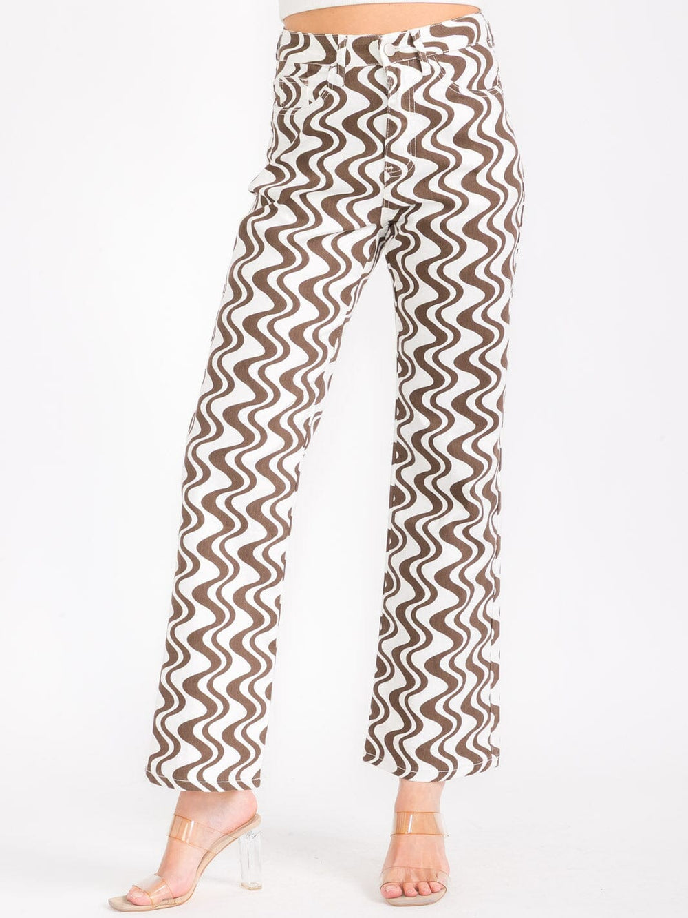 WOMEN'S BUTTON CLOSURE POCKETS PRINTED WIDE LEG PANTS