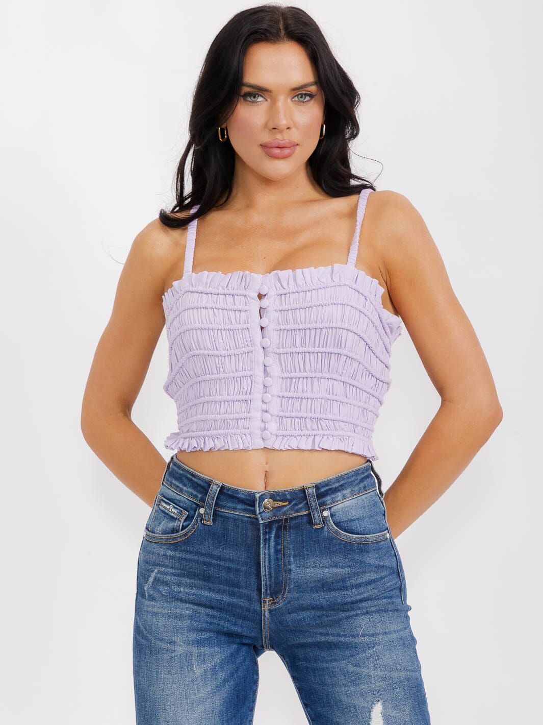 WOMEN'S SLEEVELESS BUTTON CLOSURE RUCHED CROP TOP