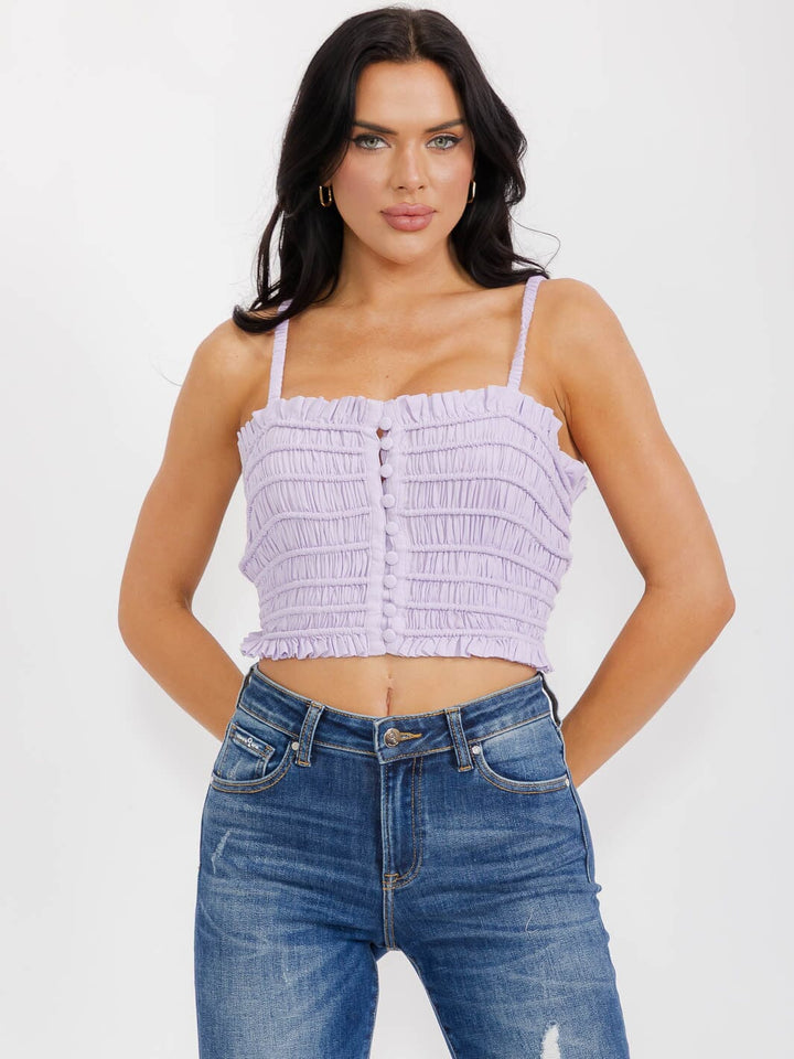 WOMEN'S SLEEVELESS BUTTON CLOSURE RUCHED CROP TOP