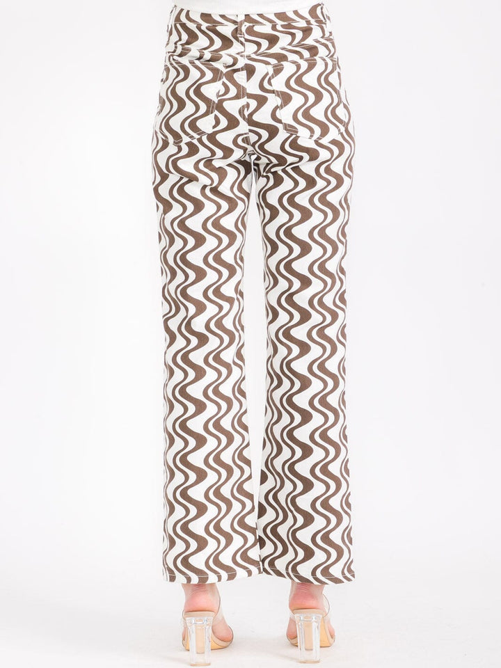 WOMEN'S BUTTON CLOSURE POCKETS PRINTED WIDE LEG PANTS