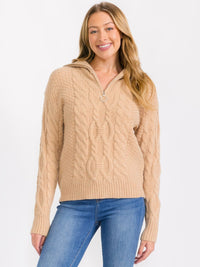 WOMEN'S LONG SLEEVE ZIP UP CABLE KNIT PULLOVER SWEATER