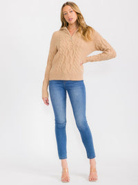 WOMEN'S LONG SLEEVE ZIP UP CABLE KNIT PULLOVER SWEATER