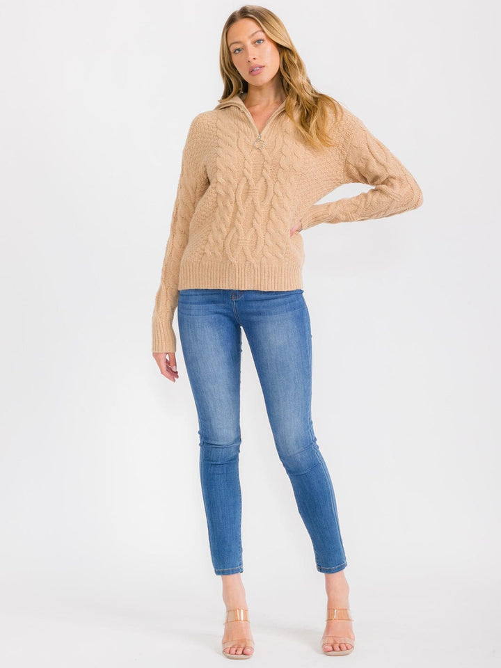 WOMEN'S LONG SLEEVE ZIP UP CABLE KNIT PULLOVER SWEATER
