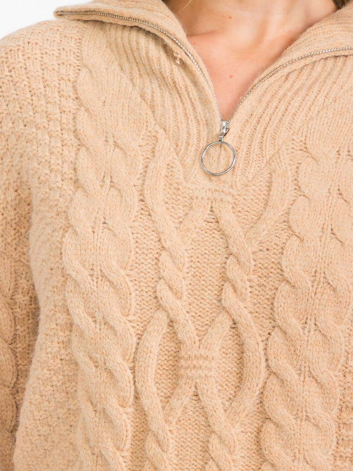 WOMEN'S LONG SLEEVE ZIP UP CABLE KNIT PULLOVER SWEATER