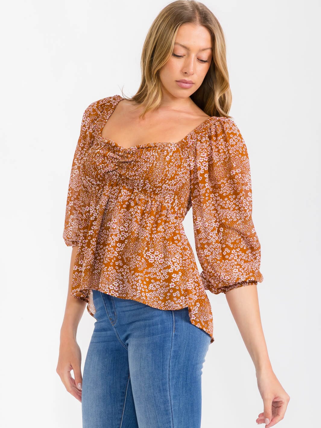 WOMEN'S 3/4 SLEEVES SQUARE NECK HIGH-LOW SMOCK FLORAL BLOUSE