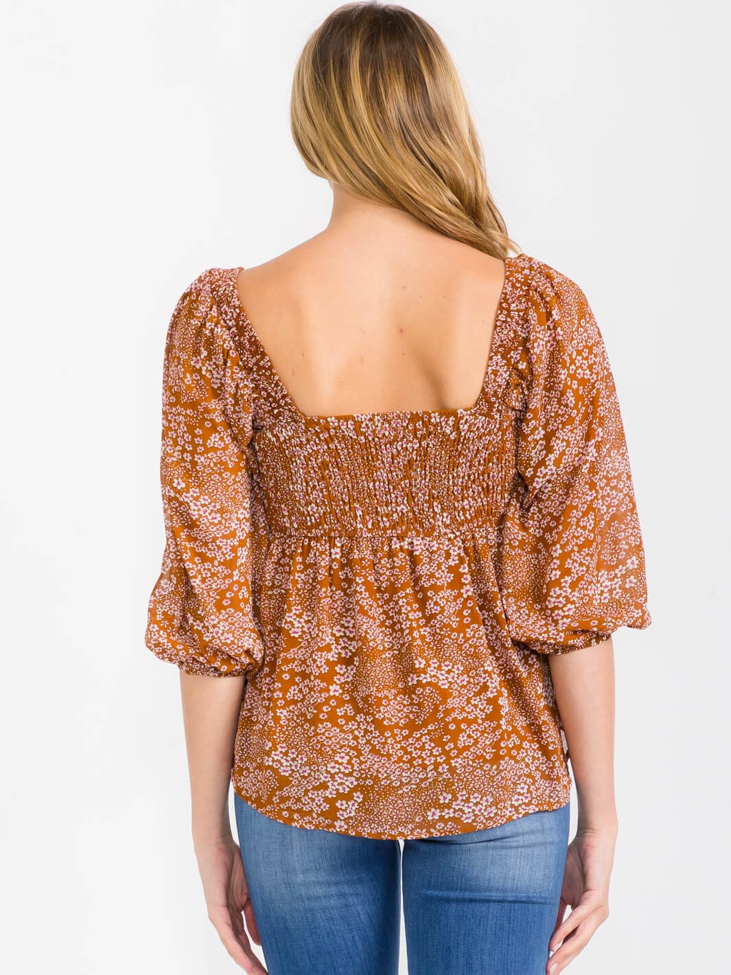 WOMEN'S 3/4 SLEEVES SQUARE NECK HIGH-LOW SMOCK FLORAL BLOUSE