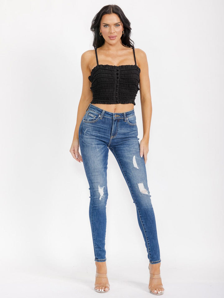 WOMEN'S SLEEVELESS BUTTON CLOSURE RUCHED CROP TOP