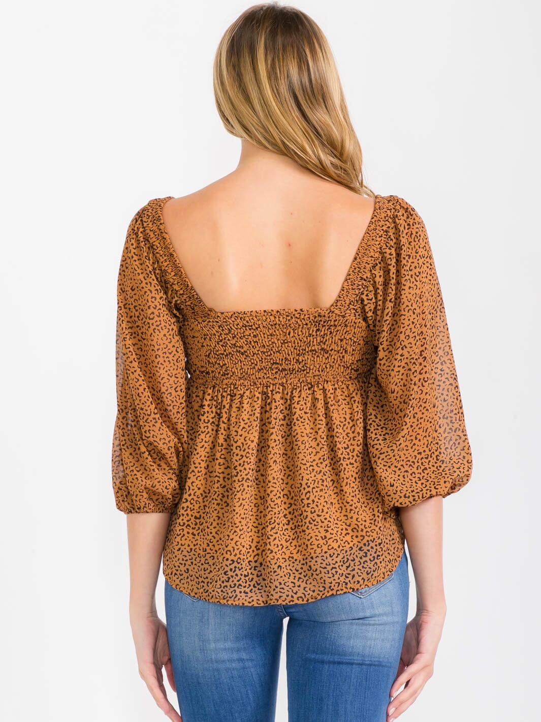 WOMEN'S 3/4 SLEEVES SQUARE NECK HIGH-LOW SMOCK ANIMAL PRINT BLOUSE