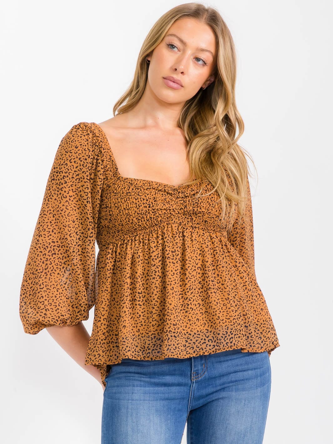 WOMEN'S 3/4 SLEEVES SQUARE NECK HIGH-LOW SMOCK ANIMAL PRINT BLOUSE